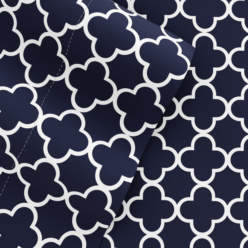 Simply Soft™ Pattern Microfiber Sheet Set, California King, Navy Quatrefoil