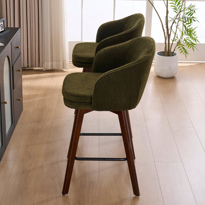 Allis Mid-Century Modern Chenille Fabric Counter Stools,Upholstered Swivel Barstools With Wood Legs,Counter Height Stools with Wingback,Footrest,For Kitchen Island Bar Counter,Green