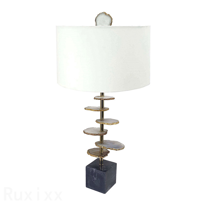 D14x29.5" Smoke Agate-Slice Table Lamp W/ Marble Base