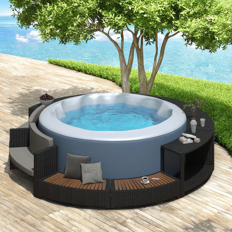 Spa Surround Spa Frame Patio Rattan Sofa Set With Storage Spaces, Washable Cushions, Gray