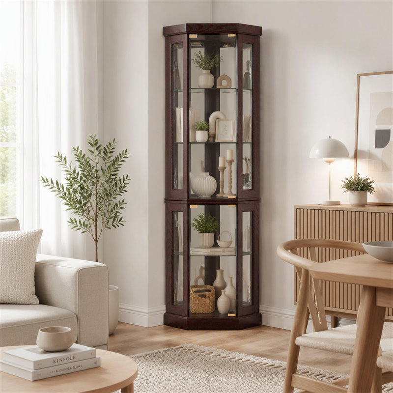 Vitrine d'angle lumineuse en verre, vitrine de coin autoportante avec éclairage intégré, armoire de rangement pour antiquités, objets de collection, verres à vin, bar, salon