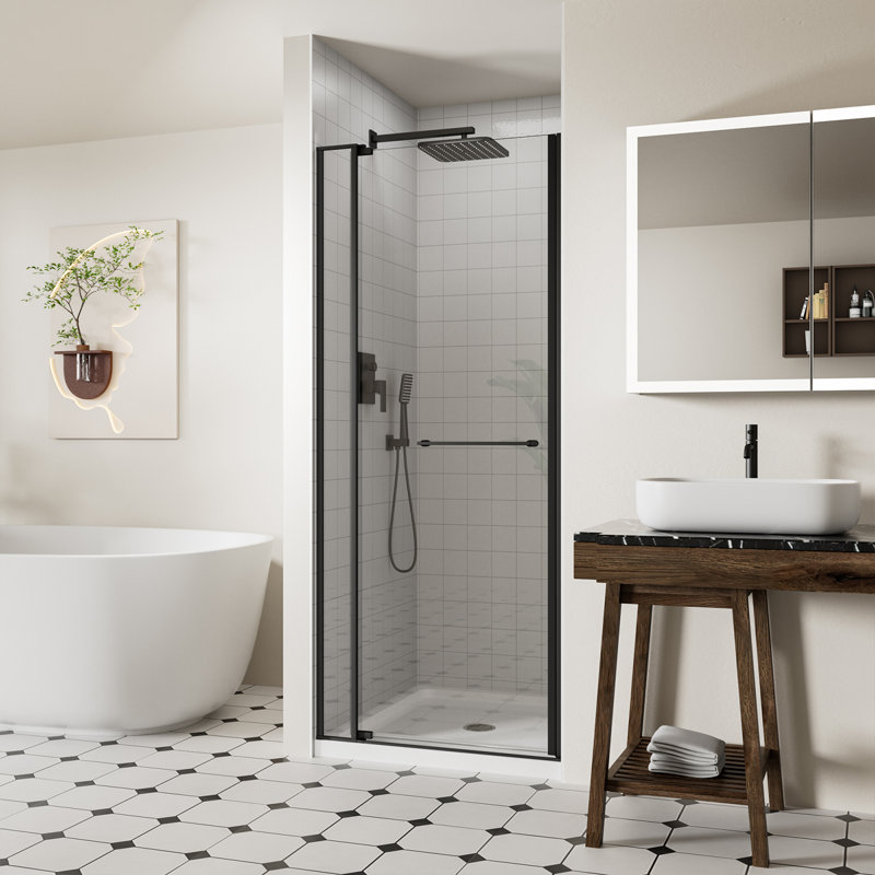 28-32" W x 72" H Frameless Pivot Shower Door with 1/4" (6mm) and 5/16" (8mm) Tempered Glass, Swing Shower Glass Door with Towel Bar, 105°Stop Prevents Collisions, Matte Black Finish