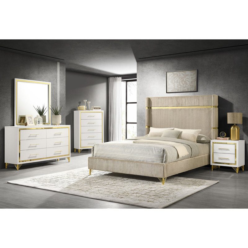 Ensemble de chambre avec grand lit 5 pièces Malcolm, Cinq pièces : Lit, table de chevet, 2 commodes, m, Beige / Blanc