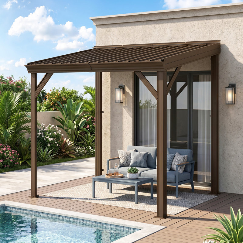 Pavillon de jardin pour terrasse, incliné, avec toit en acier galvanisé incliné, Brun