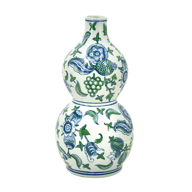 Porcelain Double Gourd Vase with Cherry Blossom Patterns - 7"Dia. x 13.5" - Blue/Green/White