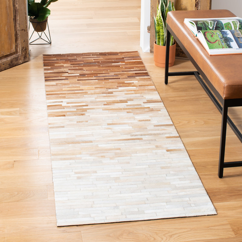 Herrell Hand Woven Leather/Felted Cloth Abstract Rug in Brown/Ivory, Runner 2'3" x 7'