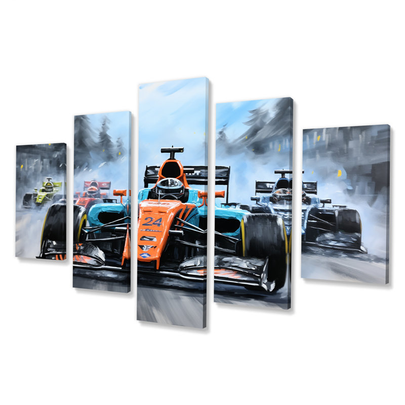 Orange et bleu, voiture de course, art mural multipanel