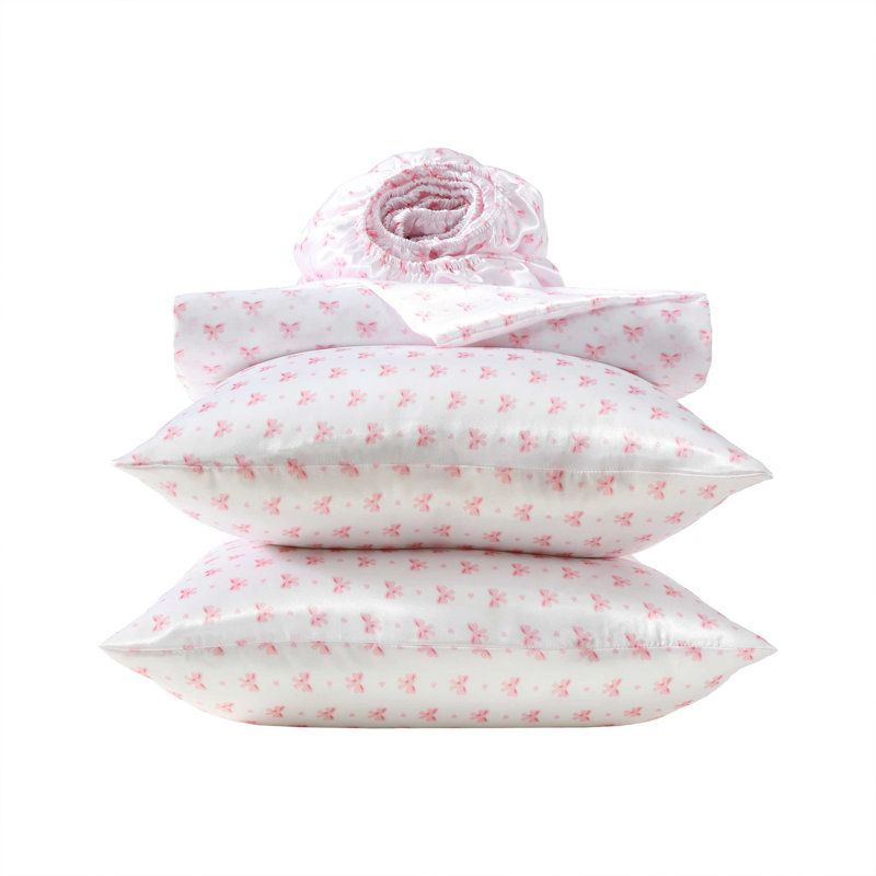 Laura Ashley Printed Satin Bow Ribbon Pink King Sheet Set, Queen Sheet Set with 2 Pillowcases, Heart Of Mine Pink