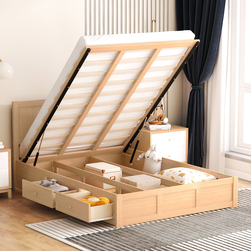 Lit plateforme en bois avec espace de rangement inférieur et 2 tiroirs - stable, couleur naturelle, meubles de chambre à coucher