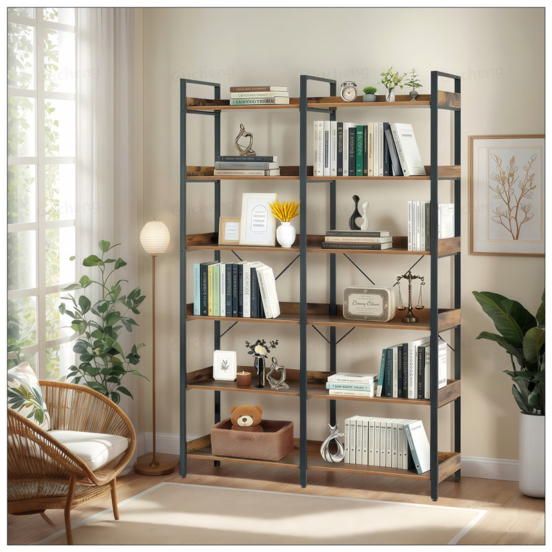 Bibliothèque industrielle à 6 niveaux avec tablettes ouvertes, structure en métal autoportante pour le rangement et la présentation, bibliothèque moderne en bois pour la maison et le bureau