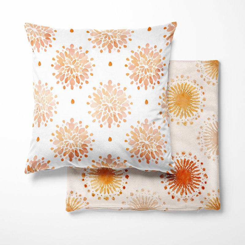 Coussin décoratif moderne imprimé - orange et beige Boho Mandala, H 16 po x l 16 po