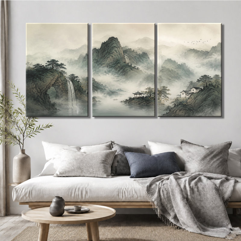 3 panneaux muraux, encre de Chine, cascade de montagne, impression sur toile, 16 * 24 pouces * 3