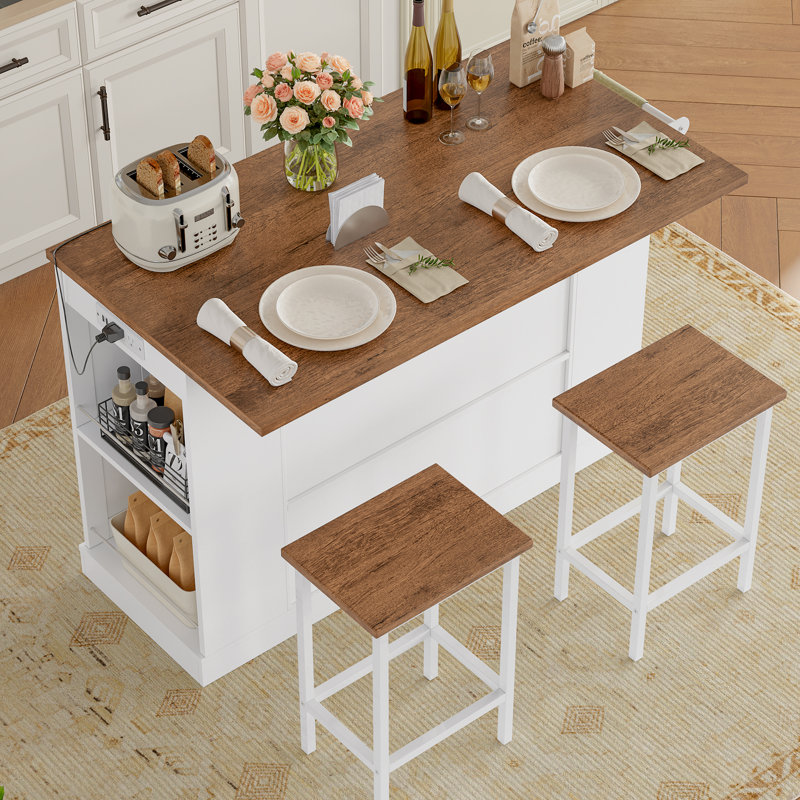 Chariot pour îlot de cuisine 3 pièces avec prises de courant, 2 tabourets et plateau rabattable | Chariot de service mobile avec rangement et roues amovibles