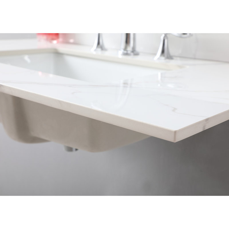 Comptoir de meuble-lavabo 37 po en pierre frittée dorée, lavabo rectangulaire encastré en céramique, 3 trous de robinet, avec évier à dosseret rectangulaire de 37 po et inclus