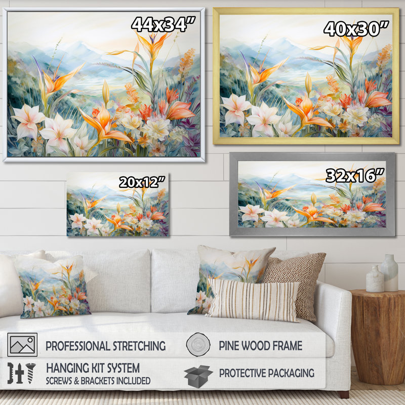 «Birds of Paradise Flowers Mountain», reproduction sur toile, Cadre simple noir, H 12 po x l 20 po x P 1 po