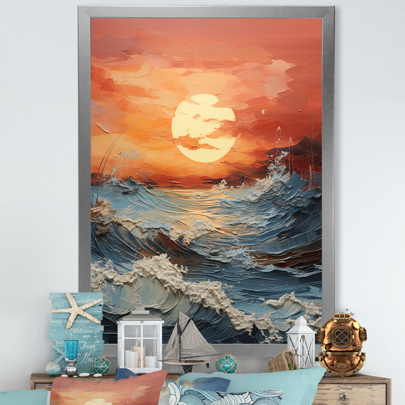 Bold Beach Sunset Scenery III, reproduction d'art sur toile, Cadre simple argenté, H 32 po x l 16 po x P 1 po