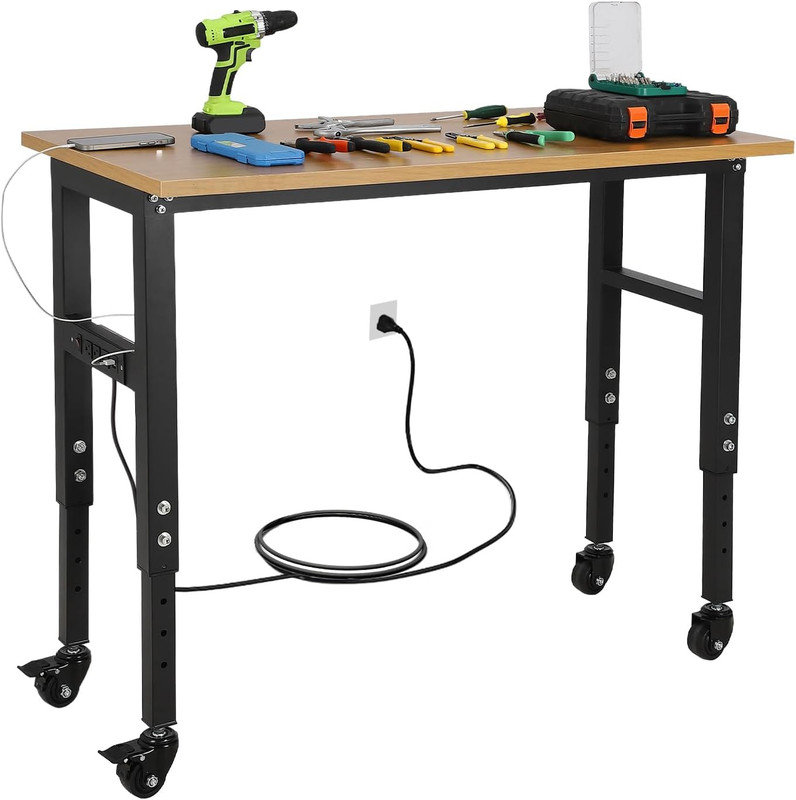 Établi de garage 48 po à hauteur réglable avec prise de courant, table de travail robuste avec roulettes