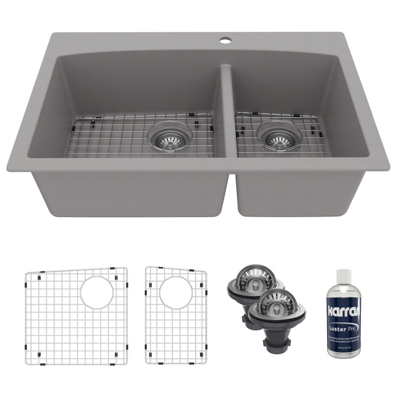 Karran Quartz 33'' X 22'' Double Bowl 60/40 Top Mount Drop-in Kitchen Sink Kit, Gray