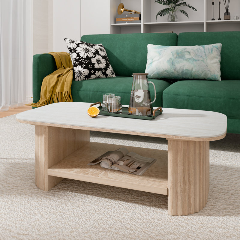 Solid Wood Coffee Table with Marble Tabletop