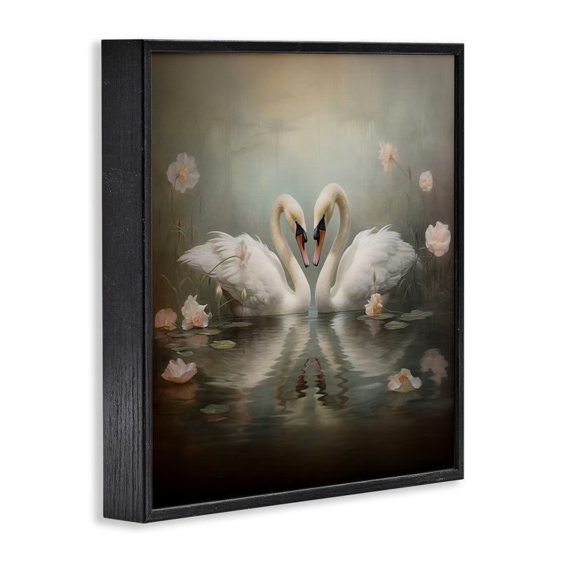Cygnes romantiques dans un étang floral, estampe numérique, design par Arlington Prints, Giclée encadrée noir minuit
