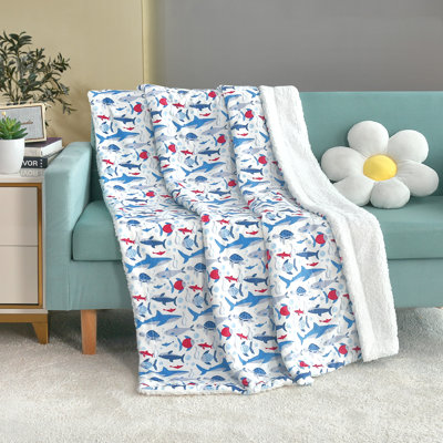 Marina Decoration Reversible Rich Printed Woven Fluffy Plush Soft Warm Flannel Fleece Children Throw Sherpa Kids Blanket, 40 x 50 Inch Shark Turtle with White Base Pattern