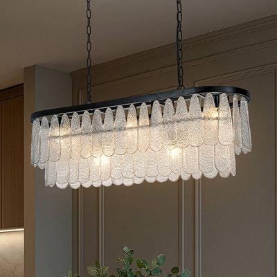 5-light 39'' Matte Black Rectangle Elegant Textured Glass Chandelier Vintage Art Glass Pendant Light For Dining Room Ktichen Island