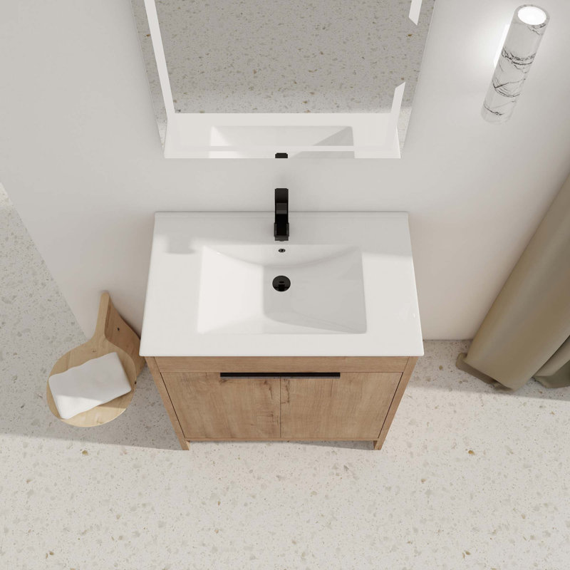 Meuble-lavabo autoportant avec lavabo et 2 portes d'armoire à fermeture en douceur, Blanc