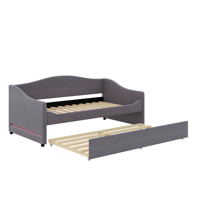 Twin Size Upholstered Daybed With Light And Trundle, Gray