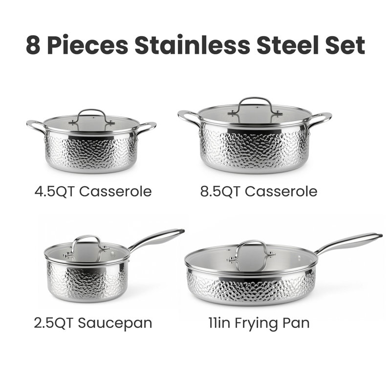 Caannasweis 8‑Pcs Hammered Tri‑Ply Stainless Steel Cookware Set