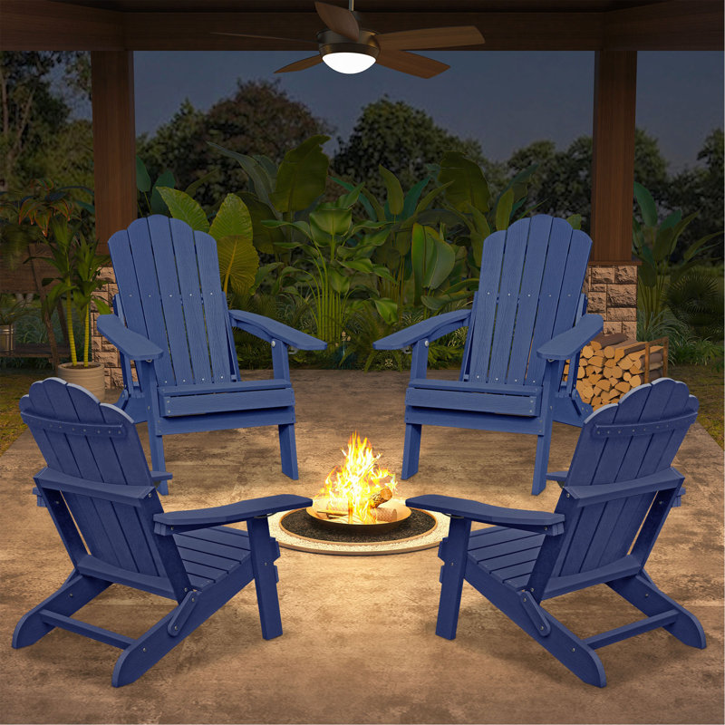 Adjustable Adirondack Chair With Cup Holder, All Weather Chair For Deck, Navy Blue