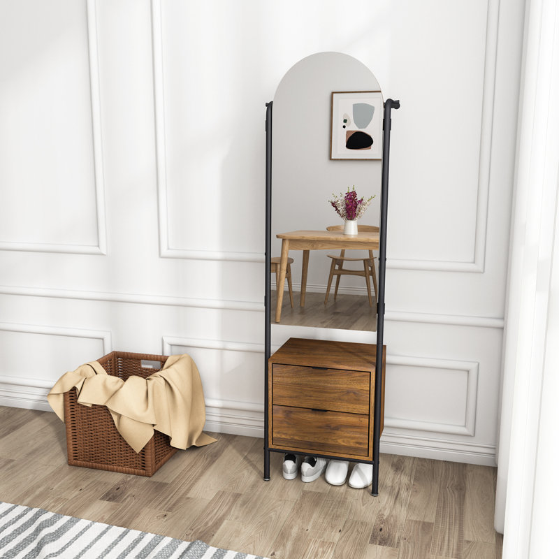Arched Full-Length Mirror, 3-In-1 Hall Tree Freestanding Body Dressing Mirror Entryway Storage With 2 Drawers For Catchall, Organizer, Walnut
