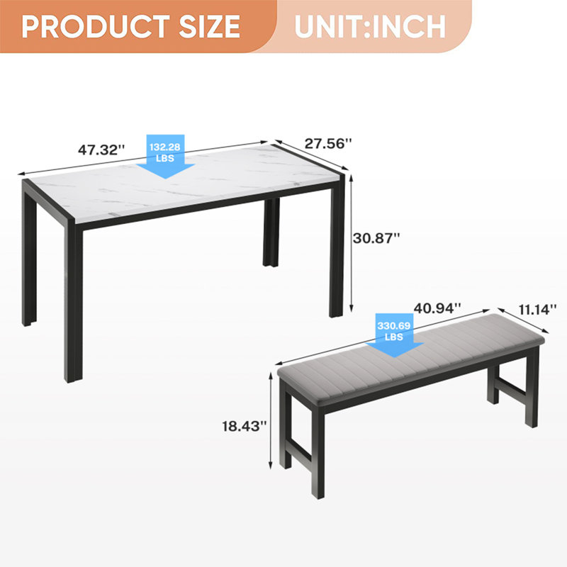 3-Piece  Dining Table Set, Kitchen Table Set with 2 Velvet Dining Benches, Tabletop Marble Finish, Gray