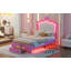 Structure de lit simple tapissier avec lumières DEL, lit princesse rembourré moderne avec tête de lit couronne, tiroir