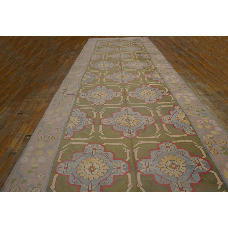 Green Color Artistic Antique Indian Flatweave Cotton Dhurrie Long and Narrow Gallery Size Rug