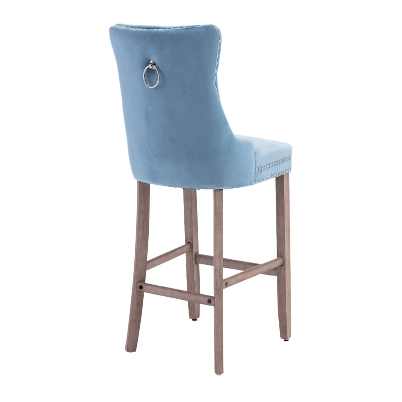 Sky Blue Velvet Upholstered Counter Stools with Wood Legs, Set of 4