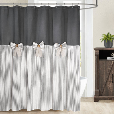 Profetto Farmhouse Linen Button  Shower Curtain, Bowknot,Linen And Cotton Woven Fabric,Pleated  Stripe,Country Style,72X84 In