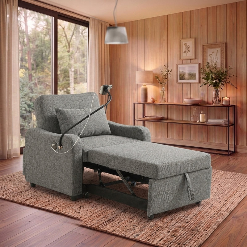 Fauteuil-lit convertible 3-en-1 avec dossier réglable, support pour téléphone et port de charge USB, Gris