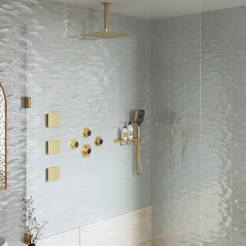 Système de douche thermostatique 12 "avec 3 jets de corps et tablette de rangement, Or brossé