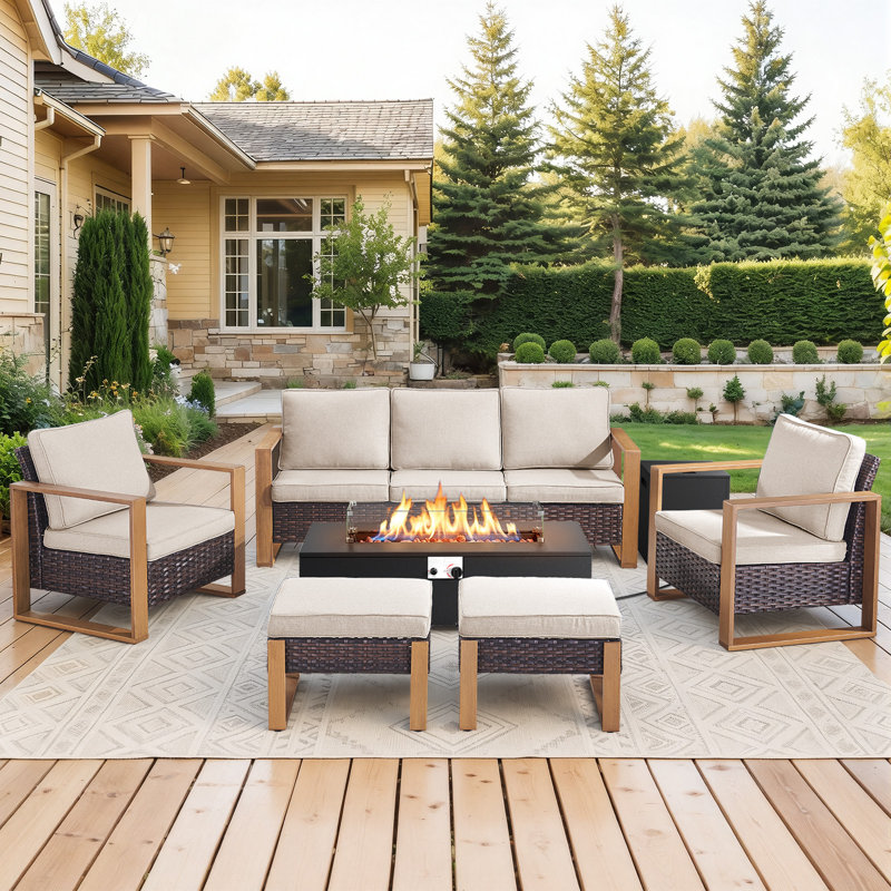 Drazen 7 - Person Patio Furniture Set With Fire Pit Table, All-Weather Wicker Outdoor Conversation Set With Chair And Thick Cushions