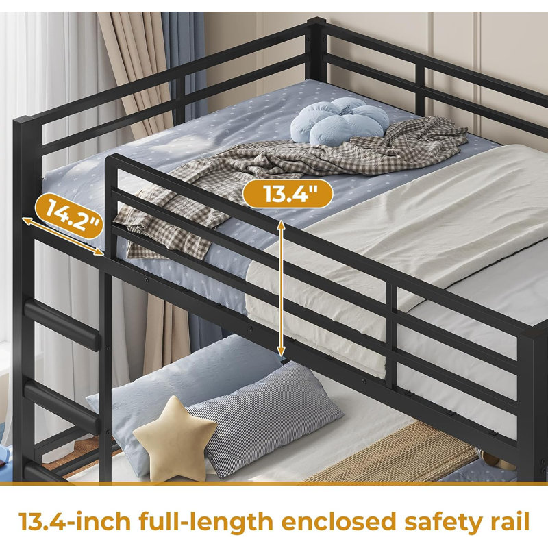 Low Bunk Bed With Sling Bookshelves, Storage Drawers & Power Outlet, Led Metal Floor Bunk Twin Over Twin With Full-length Guardrail & Metal Slats