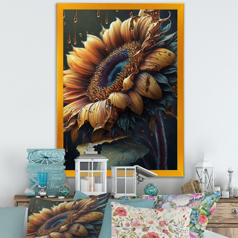 Tournesol réaliste - art mural grand tournesol, Cadre photo doré, H 32 po x l 16 po x P 1 po