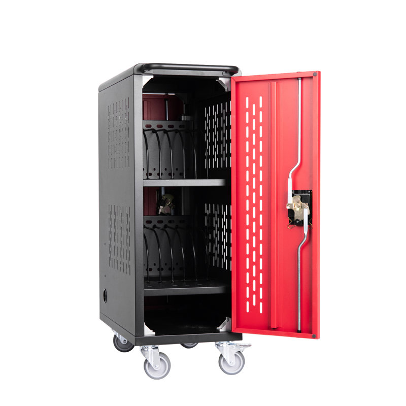 Chariot de charge pour 16 ordinateurs portables et, acier noir, multiprise, gestion des câbles, ventilé, ordinateur portable mobile Classroom Bay, tablette, noir, portes verrouillables intégrées, utilisation