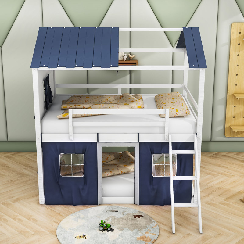 Lit superposé en bois avec fenêtre et tente Sherick, Bleu, Double sur double