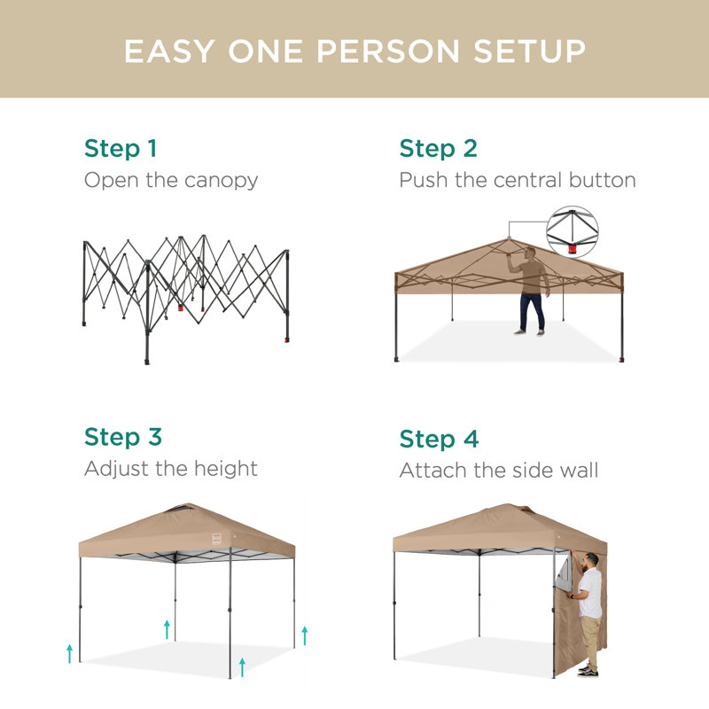 10X10ft Easy Setup Pop Up Canopy, Portable Tent W/ Side Wall, 1-Button Push, Case, Tan