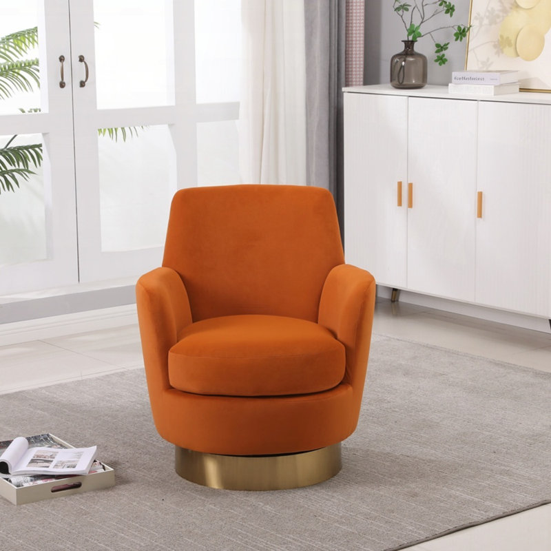 Fauteuil demi-tonneau pivotant en velours, fauteuil pivotant avec chaises d'appoint pour le salon, fauteuil de lecture confortable pour la chambre à coucher, fauteuil demi-tonneau rond avec base en acier inoxydable doré (orange)