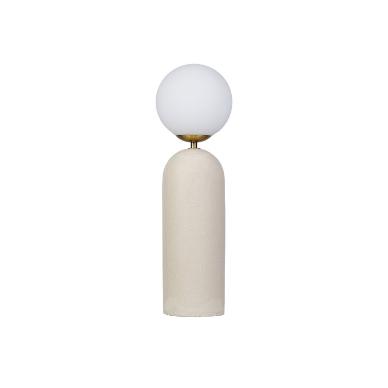Lampe de table en grès et métal avec globe givré et interrupteur en ligne dans un glacis craquelé