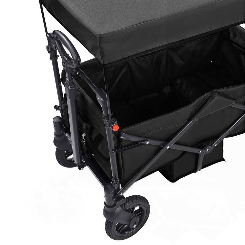 Poussette Wagon pour 2 enfants, poussette pliable à tirer avec poignée réglable, auvent amovible à harnais, 4 roues avec freins, poussette tandem multifonction pour le camping - noir