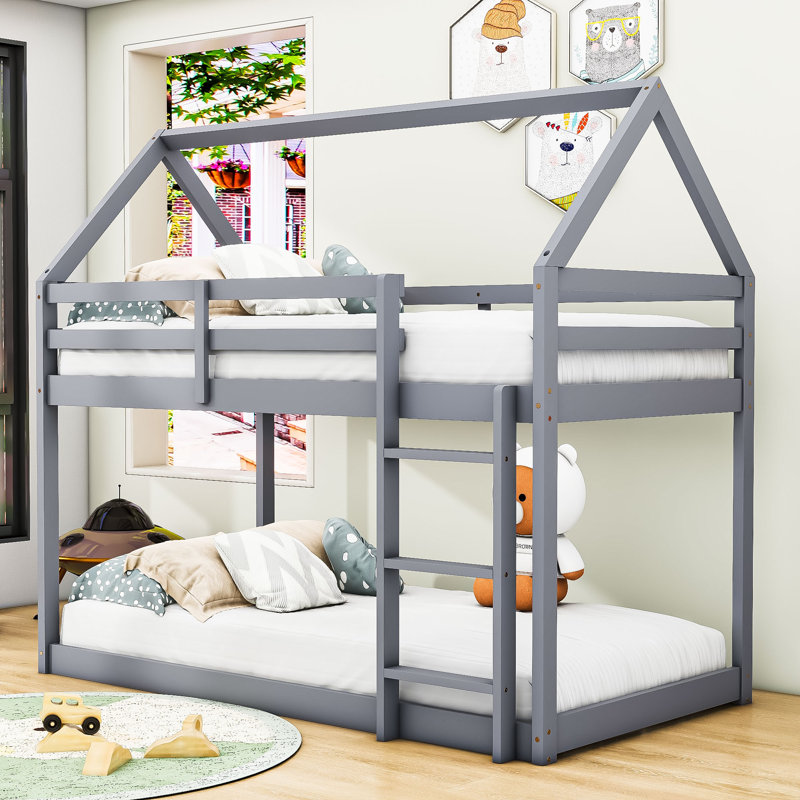 Dealba Twin Over Twin Wooden House-Shaped Bunk Bed With Ladder And Guardrails, Gray