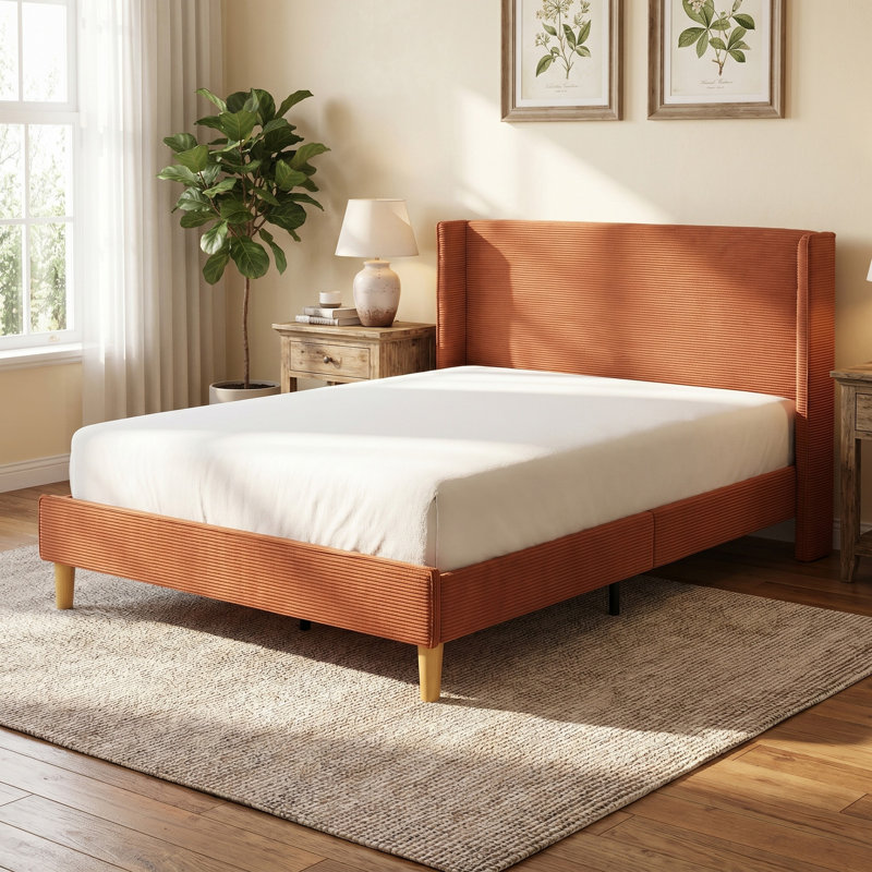 Janine Corduroy Upholstered Wingback Bed with Slat Kit and Solid and Manufactured Wood Frame, Queen, Ocher