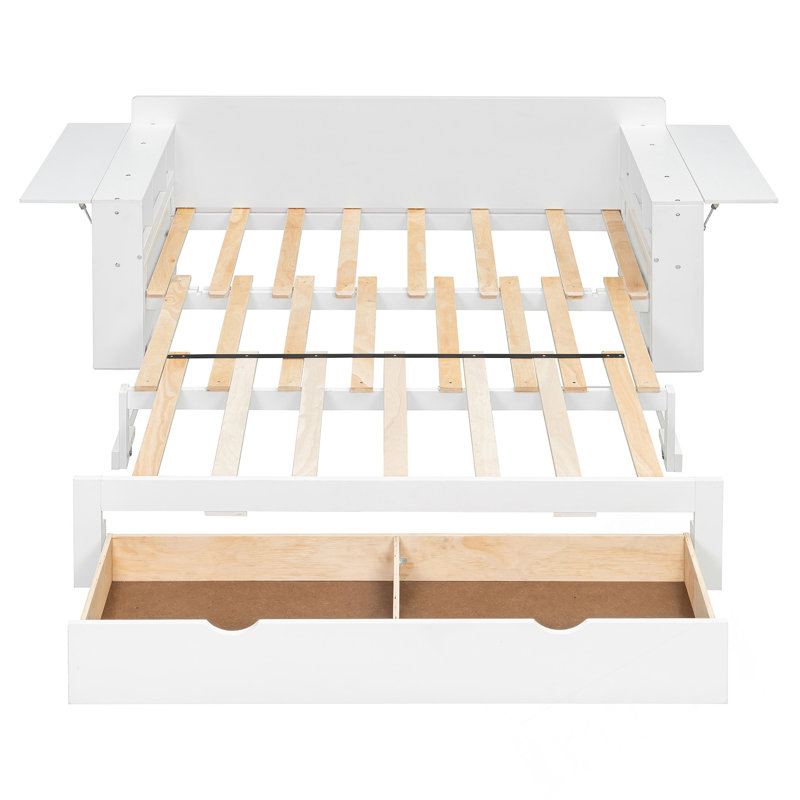 Lit de jour double avec bureau amovible, tiroirs de rangement et table d'appoint hydraulique, Complet/Double, Blanc